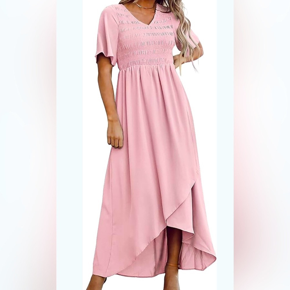 Roolee Pink Smocked Flutter Sleeve High Low Maxi Dress